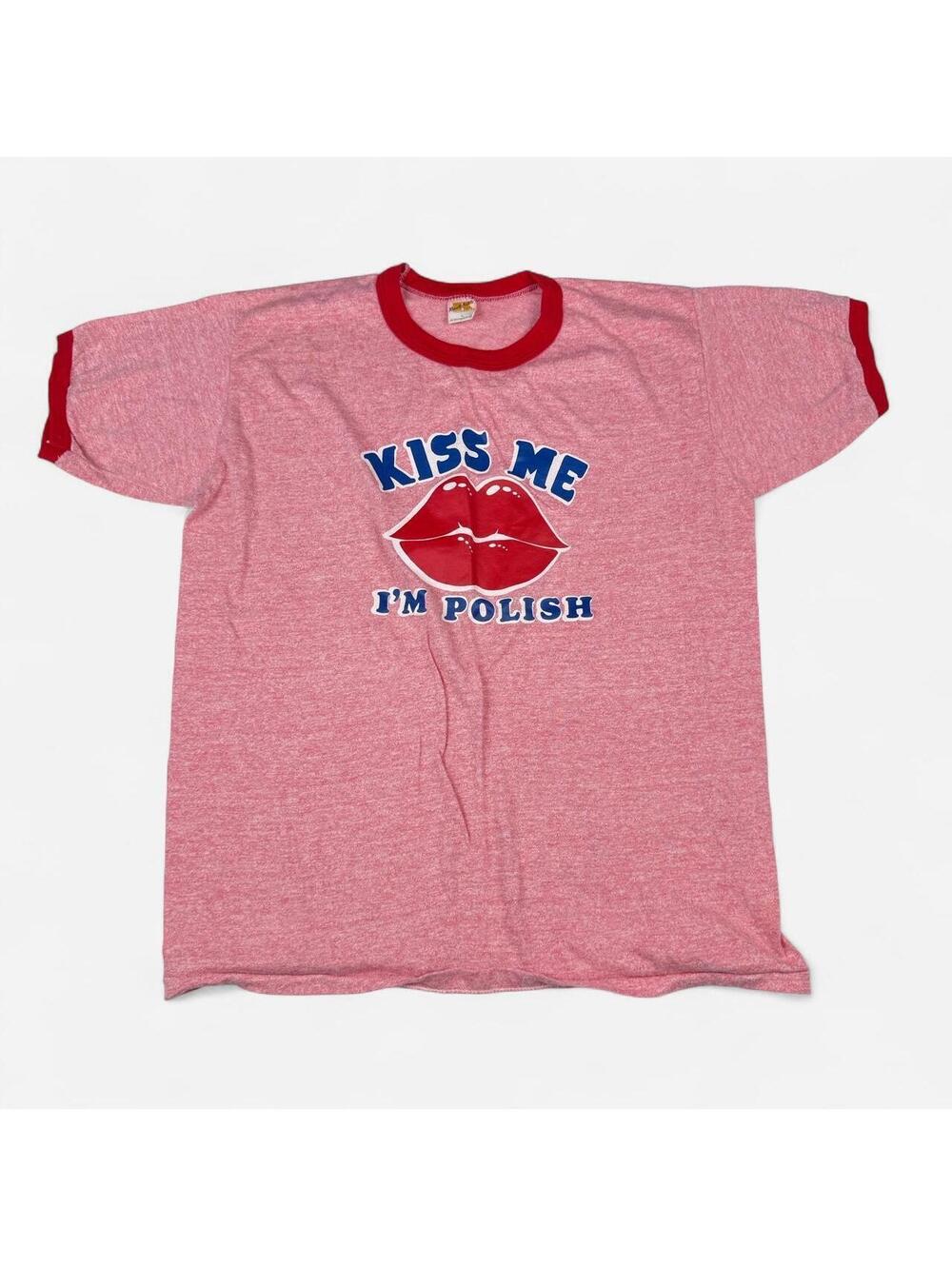Pink red ringer Kiss Me Im Polish novelty graphic tee size L Russell Athletic